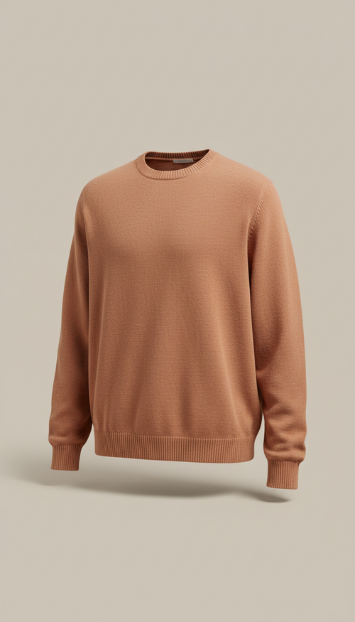 Premium cotton knit crewneck in toasted clay, Default to 3/4 angle for garments on form or model—showing both silhouette...