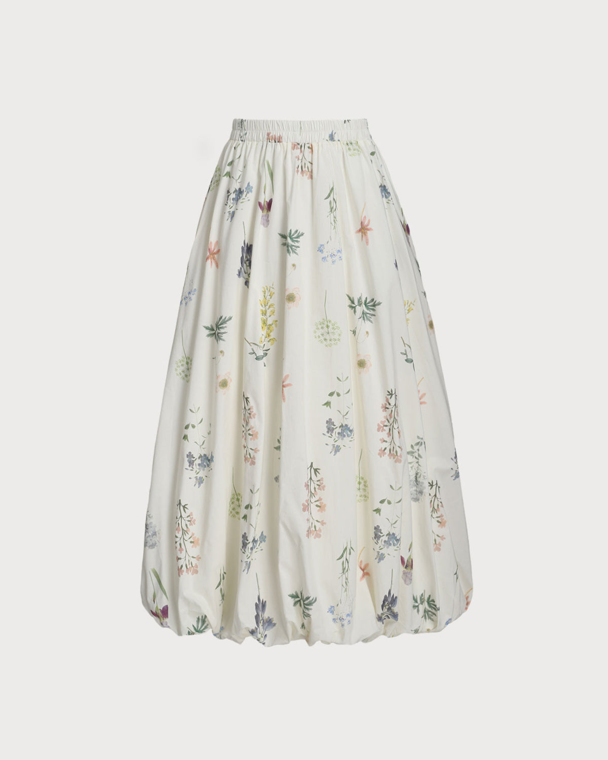 Beige Floral Elastic Waist Pocket Midi Skirt