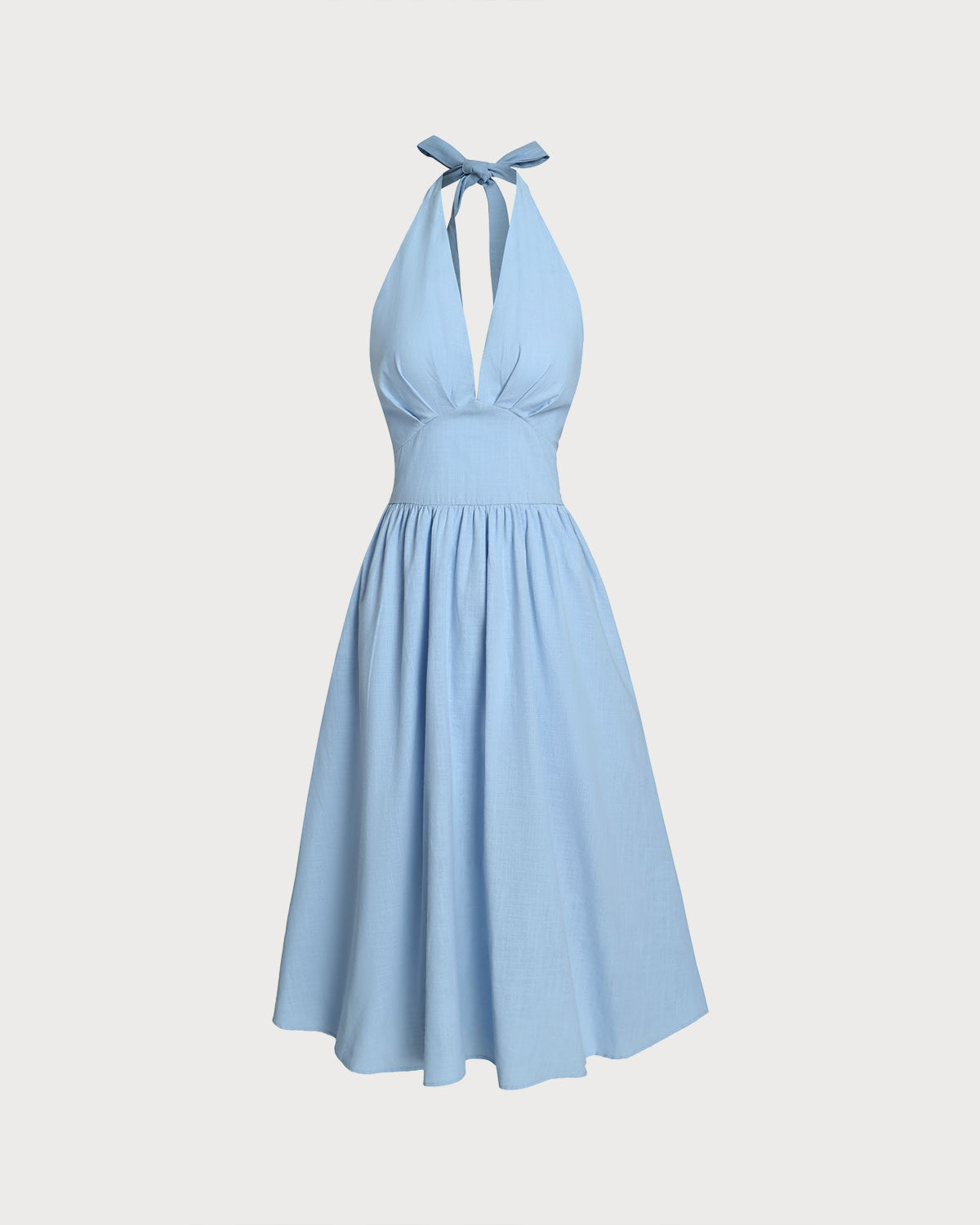 Blue Halter Pleated Midi Dress